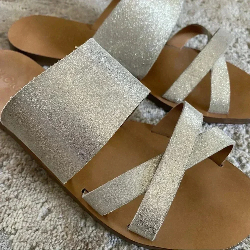 J. Crew Metallic Shimmer Gold Bali Glitter Leather Sandals Slides Flip Flops: 9